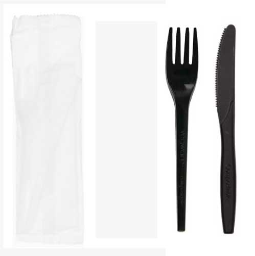 set forchetta coltello e tovagliolo imbustati, biodegradabili e compostabili da 17 cm color nero