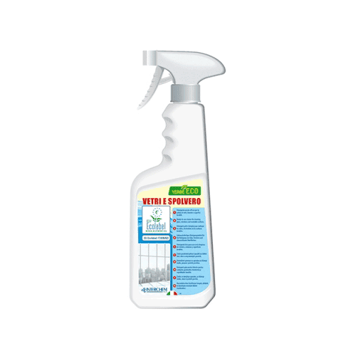 detergente ecolabel per vetri e spolvero in flacone da 75 cl