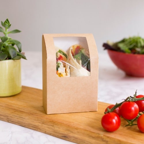 Scatola per cibi compostabile con finestra trasparente in PLA