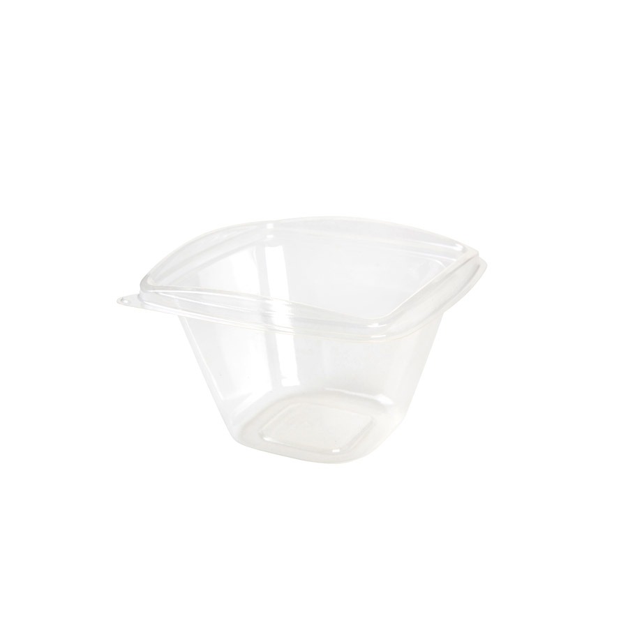 insalatiera compostabile trasparente con coperchio incernierato da 500 ml quadrata