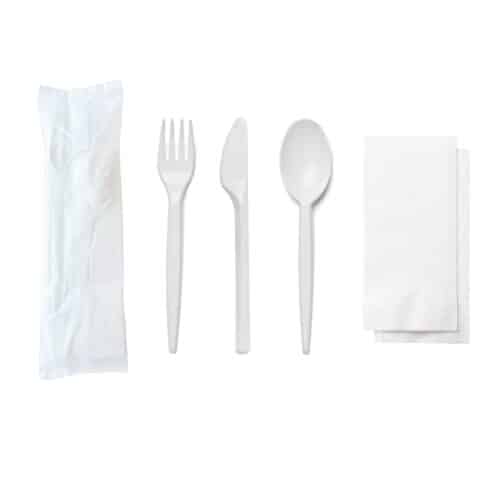 Tris posate (forchetta, cucchiaio, coltello e salvietta) compostabile
