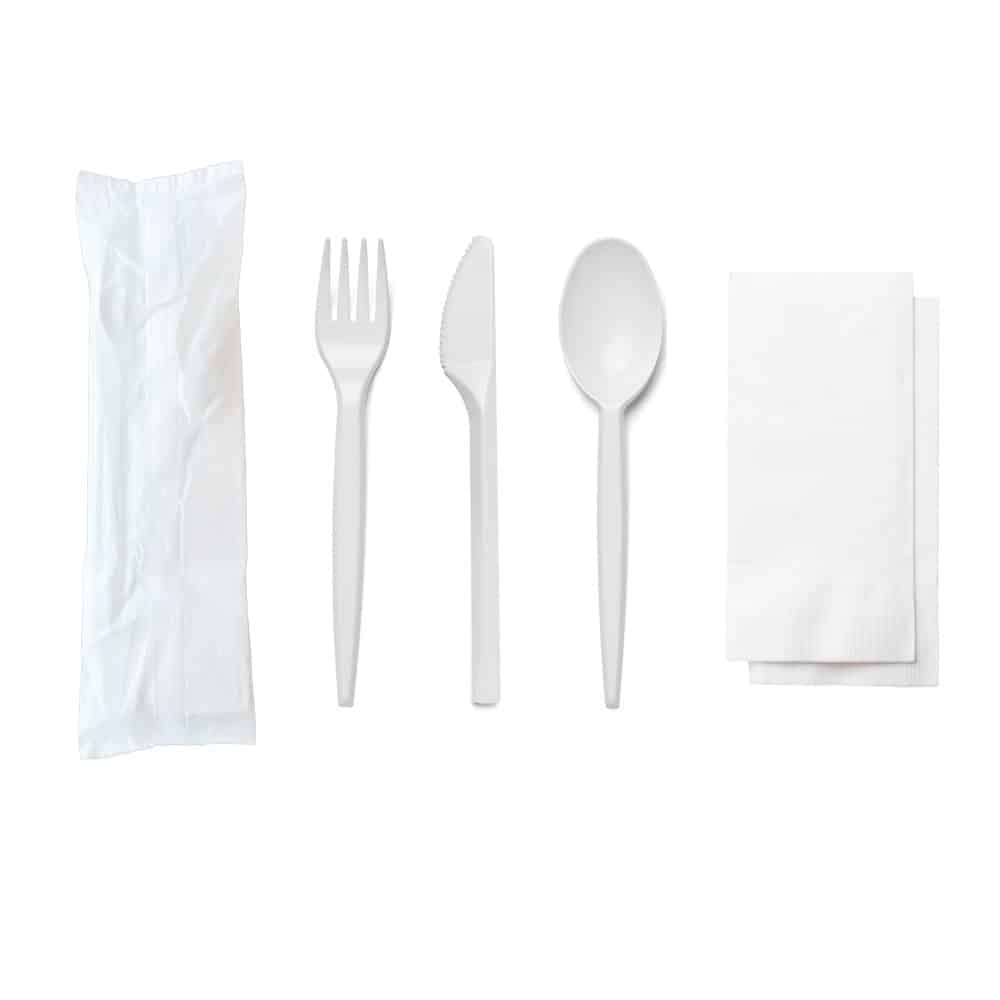 Tris posate (forchetta, cucchiaio, coltello e salvietta) compostabile