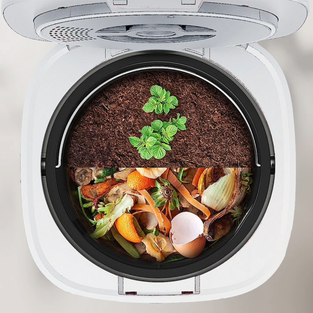 Compostatore da cucina Ekoe per la gestione sostenibile dei rifiuti organici, con design moderno e compatto, ideale per ridurre gli sprechi alimentari
