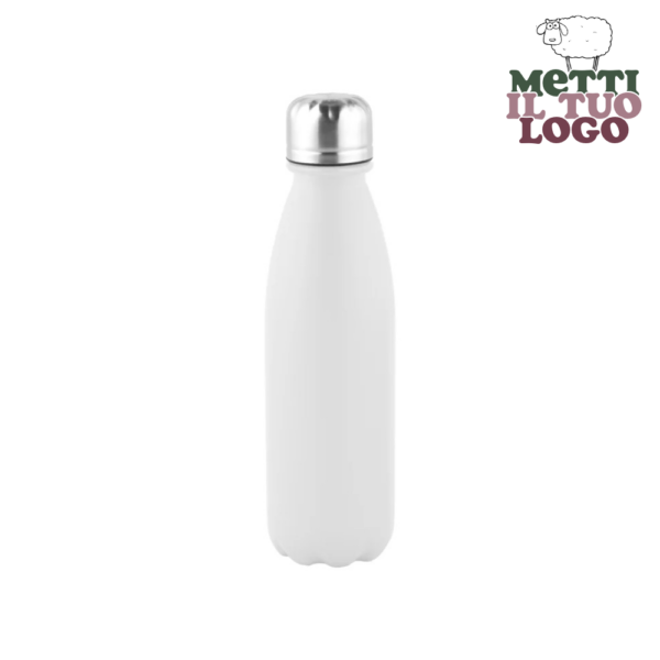 Borraccia bianca personalizzabile in alluminio da 500 ml, leggera e resistente, con tappo a vite in acciaio per una chiusura sicura. Perfetta per personalizzare il tuo brand.