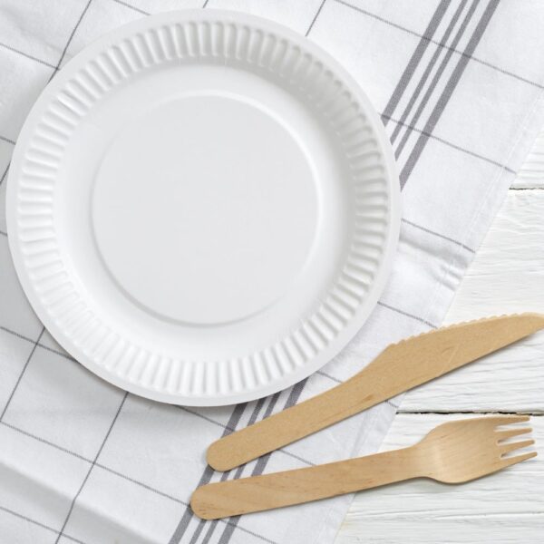 Assiettes jetables en papier 100 % végétales, résistantes et adaptées au contact alimentaire.